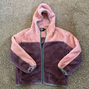 Women’s UGG XS Sherpa fleece jacket pink and purple with light blue ribbing